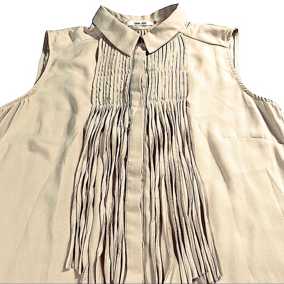 San Joy size small tan top with fringe on front & back, button down with collar - Picture 2 of 15